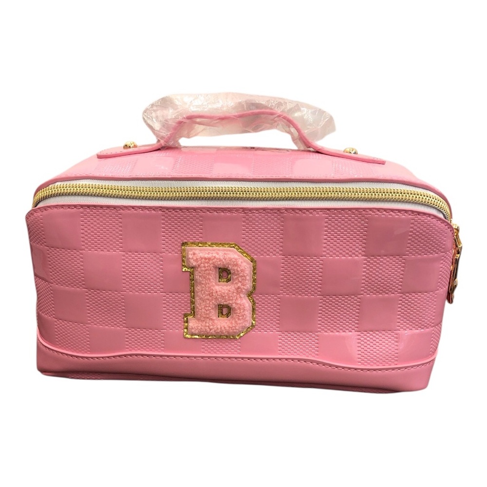 Pink Checkered Cosmetic Bag with Embellishment